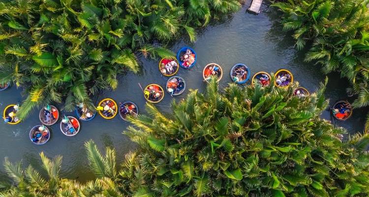 Luftaufnahme von Korbbooten in einem Wasserweg, umgeben von dichtem Baumbestand.