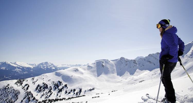 Skier standing on snowy ridge admiring vast alpine panorama under clear sky.