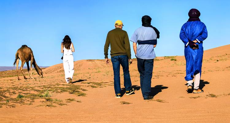 Grupo de personas caminando con un camello en un paisaje desértico.