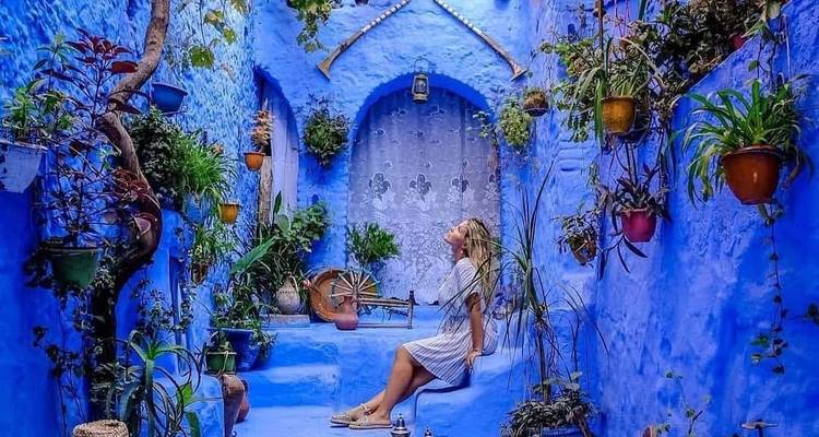 Viajero sentado en escaleras pintadas de azul rodeado de plantas en macetas en las calles de un azul intenso de Chefchaouen.