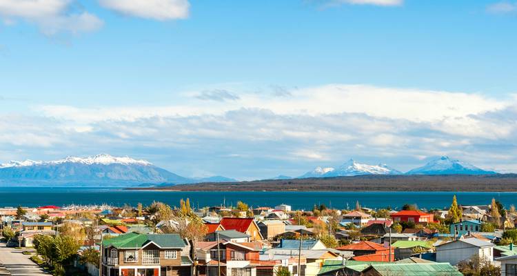 Charming town with a mountain range in the distance.
