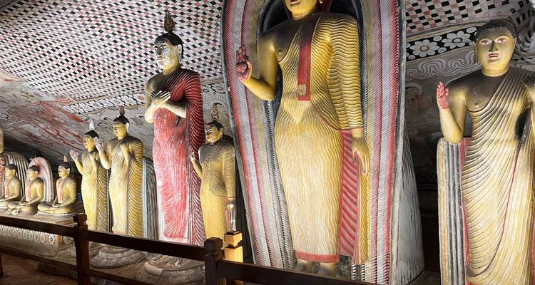Une rangée de statues colorées de Bouddha se dresse à l'intérieur d'une salle de temple-grotte richement peinte.