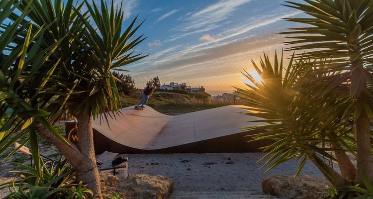 Person, die bei Sonnenuntergang zwischen Palmen Skateboard fährt.