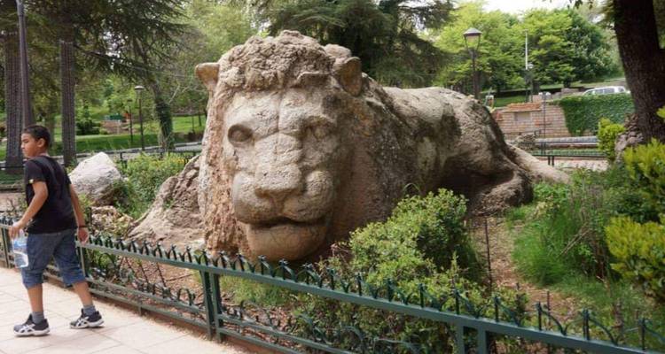 Un garçon passe devant la célèbre statue sculptée du Lion d'Ifrane en pierre dans un parc verdoyant.