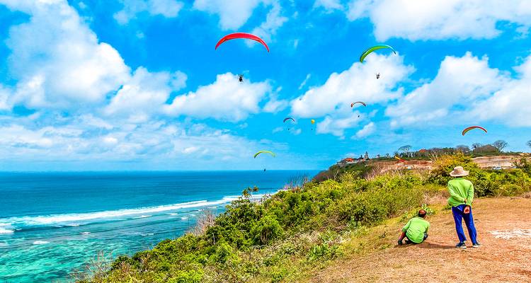 People paragliding over coastal cliffs with an ocean view.