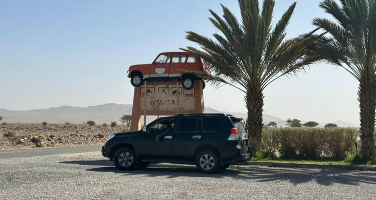 Voiture vintage montée sur un support à côté de deux palmiers.