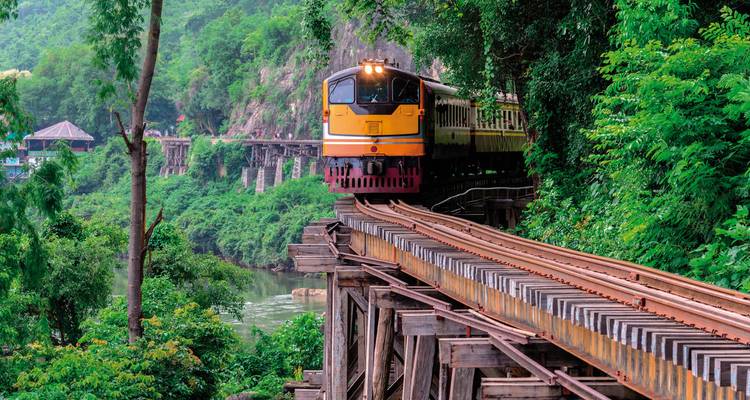 Zug auf einer malerischen Eisenbahnbrücke umgeben von üppigem Grün.