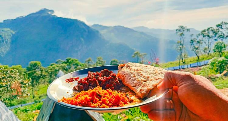 A hand holds a plate of Sri Lankan curry and roti against a panoramic mountain vista.