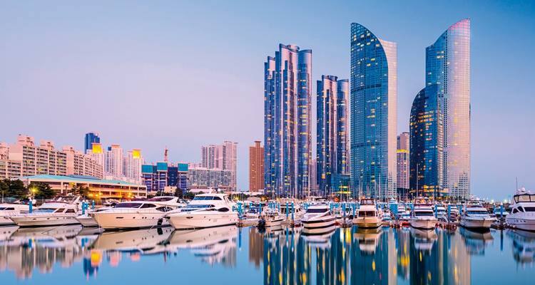 Modern marina with tall skyscrapers in the background.