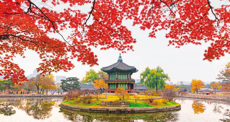 Traditional Korean gazebo surrounded by autumn foliage.