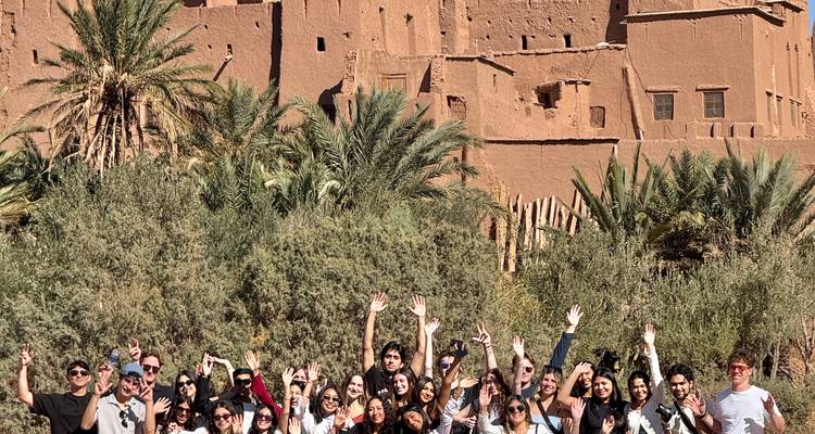 Grote groep toeristen die zwaaien voor oude lemen gebouwen met palmbomen.