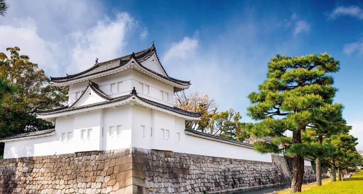 Traditional Japanese castle with surrounding landscape.