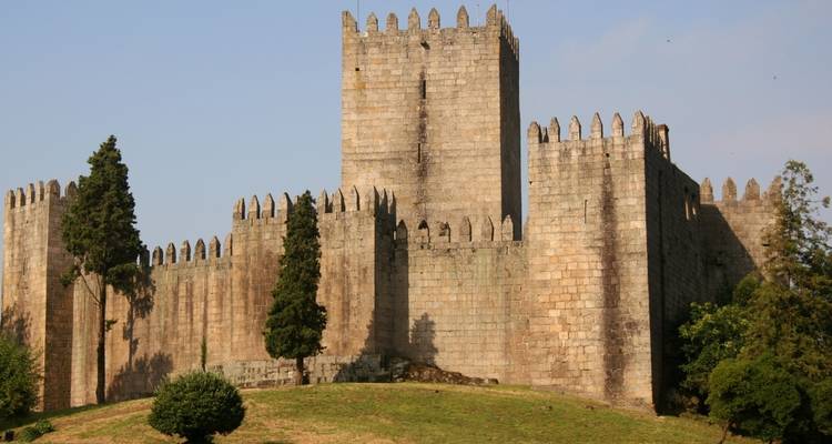 Une forteresse historique en pierre avec des murs crénelés et des arbres.