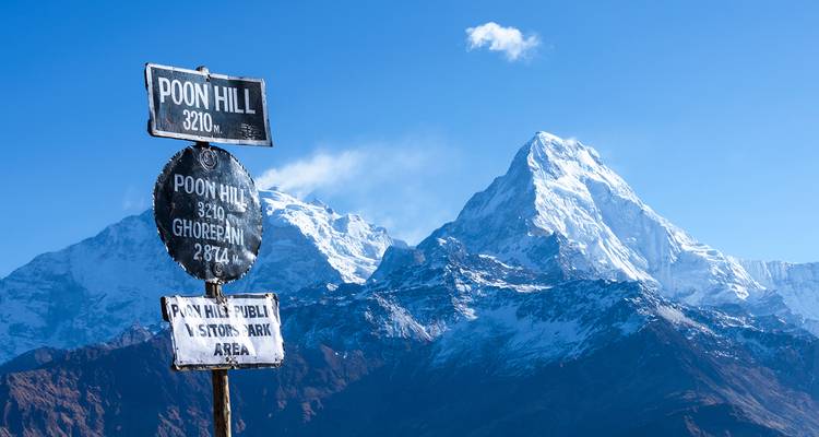 Poste indicador en Poon Hill con montañas cubiertas de nieve en el fondo bajo un cielo azul despejado.
