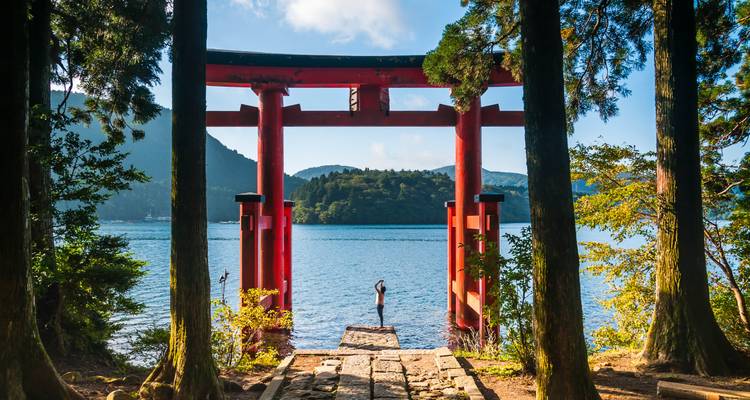 Person, die unter einem großen roten Torii-Tor steht und auf Wasser blickt.