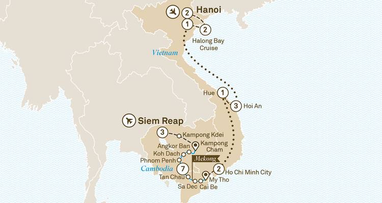 Tour map outlining a travel itinerary through Vietnam and Cambodia with flight and cruise icons.