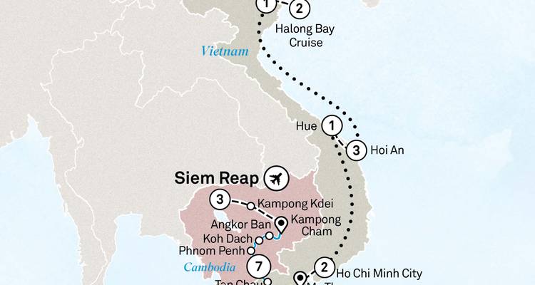Travel map marking Halong Bay, Hue, Hoi An, and Siem Reap with dotted travel lines.