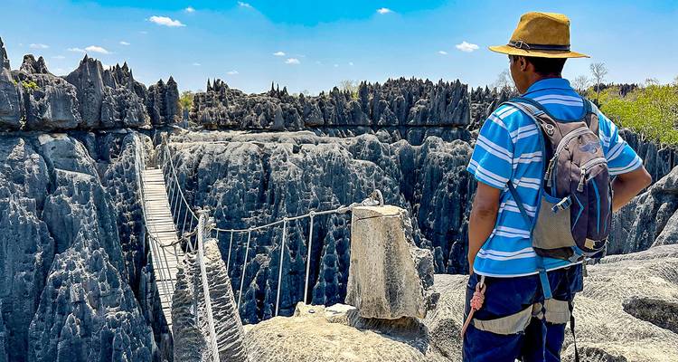 Person, die eine Hängebrücke über felsiges Gelände betrachtet.
