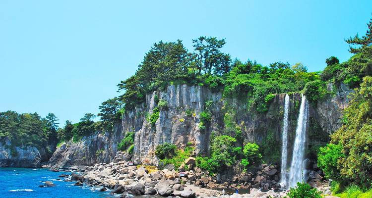 Falaise côtière spectaculaire avec des arbres luxuriants et une haute cascade se déversant dans l'océan turquoise