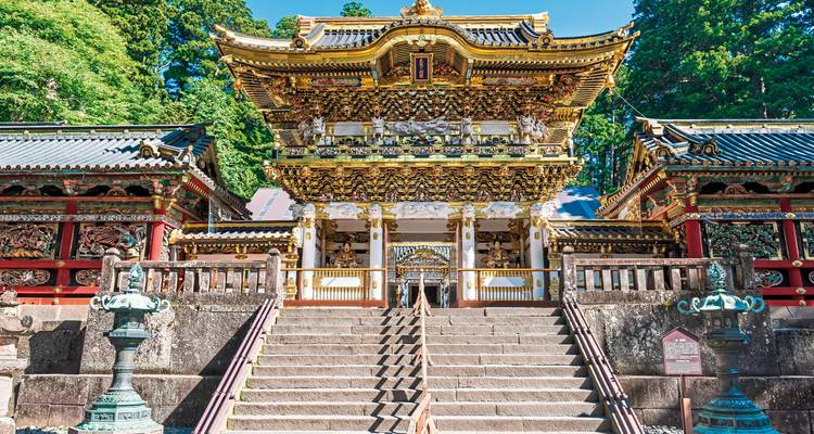 A beautifully ornate, gold-colored gate at Toshogu Shrine, surrounded by trees.