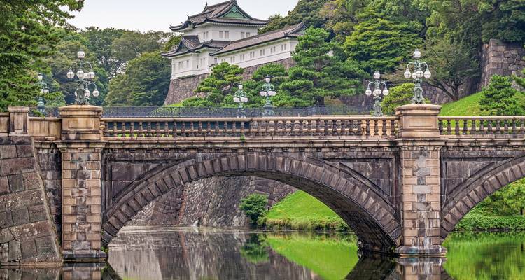 An elegant bridge with lanterns leading to the Imperial Palace.