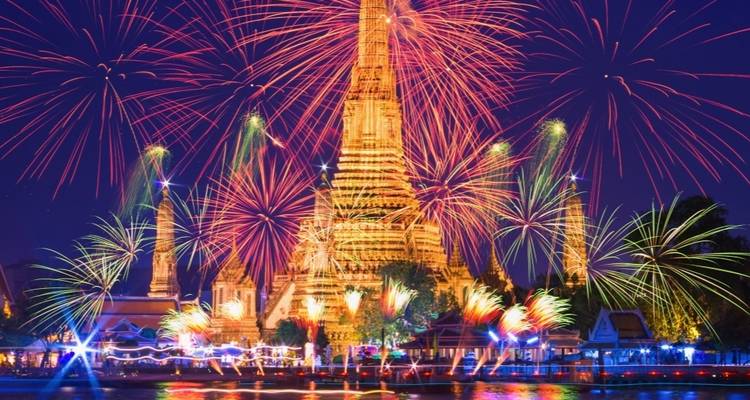 Fireworks display at Wat Arun in Bangkok at night.