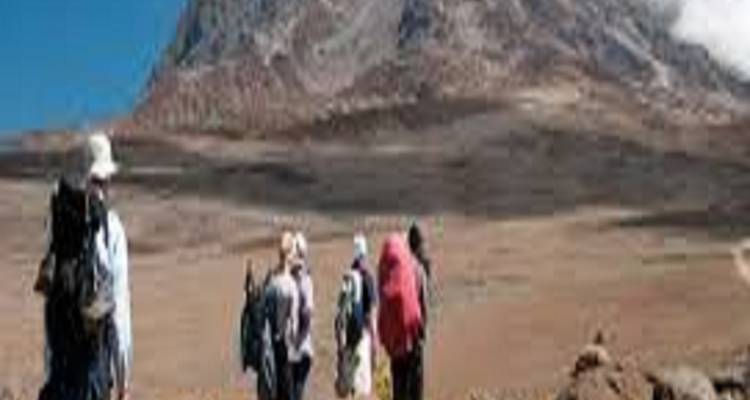 Un groupe de randonneurs marchant vers une montagne, mettant en valeur l'aventure.