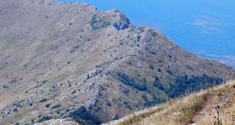 Paysage de montagne avec des crêtes rocheuses et une végétation clairsemée.