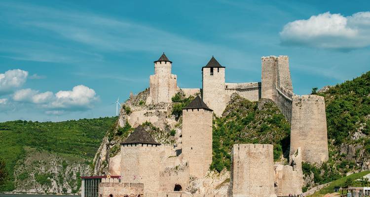 Forteresse historique avec tours et remparts au bord d'une rivière.