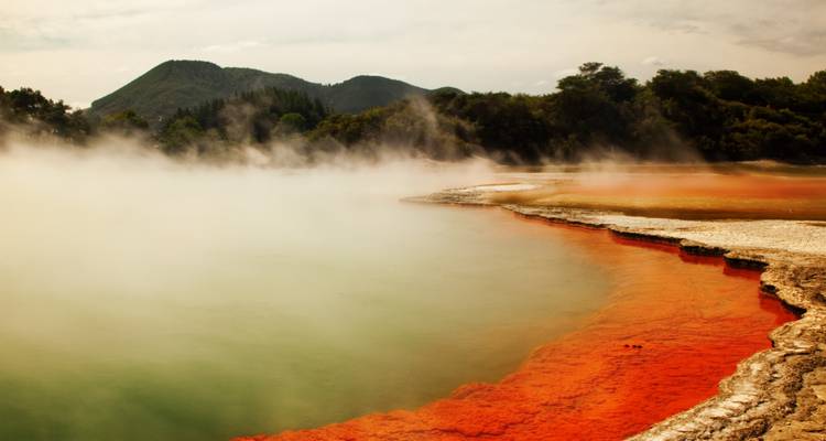 The text you provided is already in German. If you meant to translate from German to English, it would be:

"Geothermal area with steaming colorful pools."

If you actually want to translate the English phrase "Geothermal area with steaming colorful pools" into German, it would be:

"Geothermisches Gebiet mit dampfenden bunten Becken."