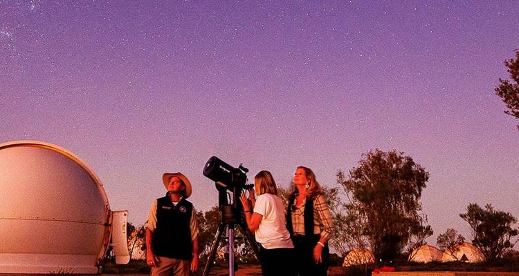 Astrónomos aficionados usando un telescopio bajo un cielo nocturno del interior brillantemente despejado lleno de estrellas.