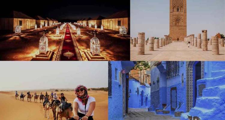 Collage verschiedener marokkanischer Sehenswürdigkeiten einschließlich blauer Gassen und einer Wüstenlandschaft.
