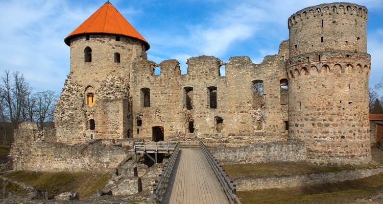 Ruines historiques d'un château en pierre avec tours et murailles.