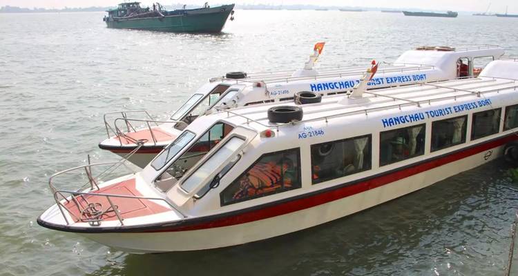 Express tourist boats moored on a wide river with cargo vessels in the distance.