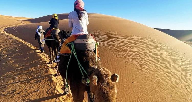 Kamelkarawane mit Touristen durchquert die Wüstendünen.