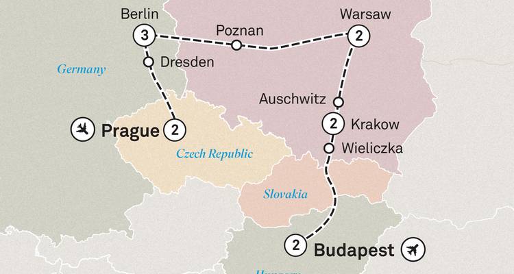Kaart met details van een rondreisroute door Centraal-Europa.