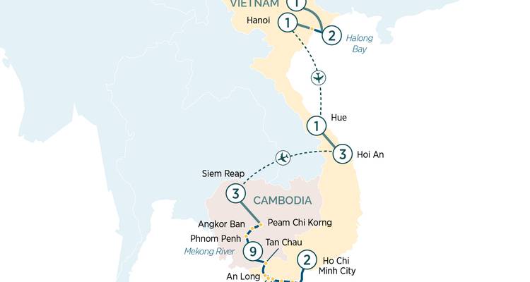 Kaart van Vietnam en Cambodja met grote steden en reisroutes aangegeven.