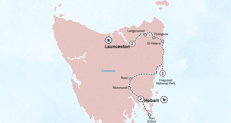 Gestileerde kaart van Tasmanië met vliegpunten en gestippelde toeristische route tussen Hobart en Launceston.