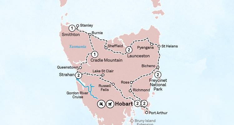 Carte d'itinéraire d'un circuit en Tasmanie mettant en évidence les arrêts et les trajets