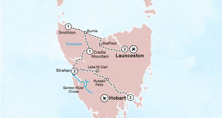 Mapa ilustrado de itinerario de Tasmania destacando las rutas entre Hobart, Launceston, Strahan y Cradle Mountain.