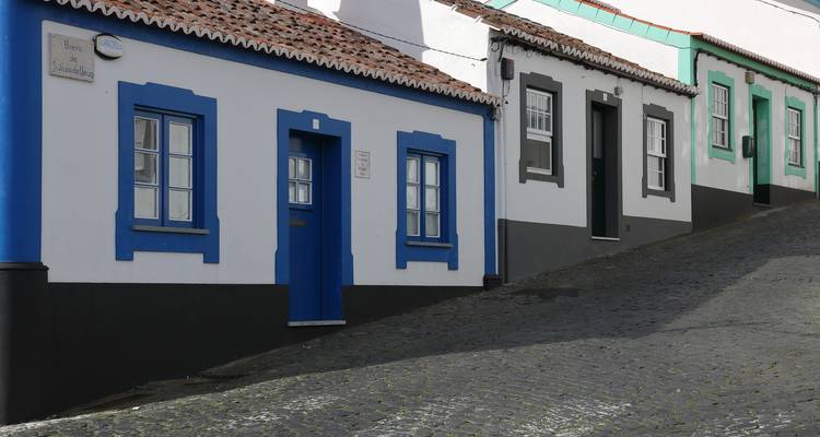 Traditional white Portuguese houses with blue accents on a cobbled street.