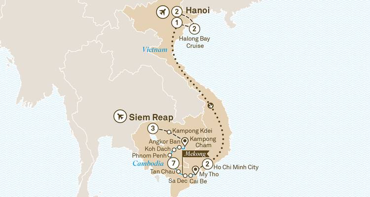 Route map detailing travel from Hanoi to Ho Chi Minh City and Siem Reap with cruise segments.