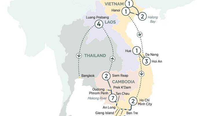 Carte d'itinéraire illustrée montrant un parcours à travers la Thaïlande, le Laos, le Cambodge et le Vietnam.