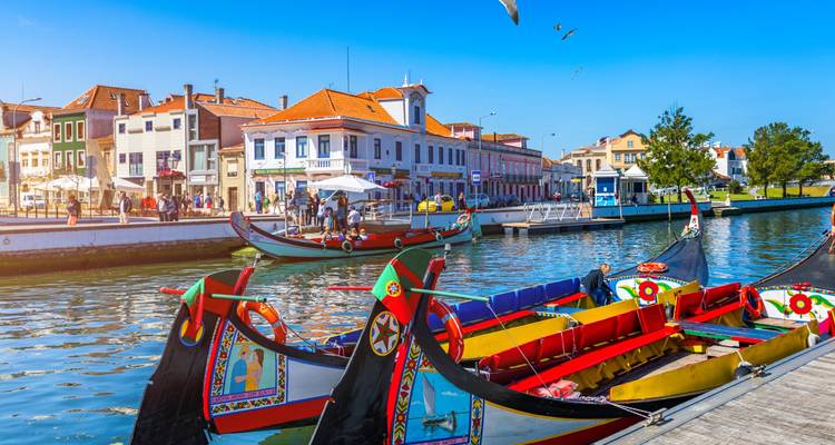 Bunte Moliceiro-Boote am Kanal von Aveiro festgemacht mit lebendigen Ufergebäuden