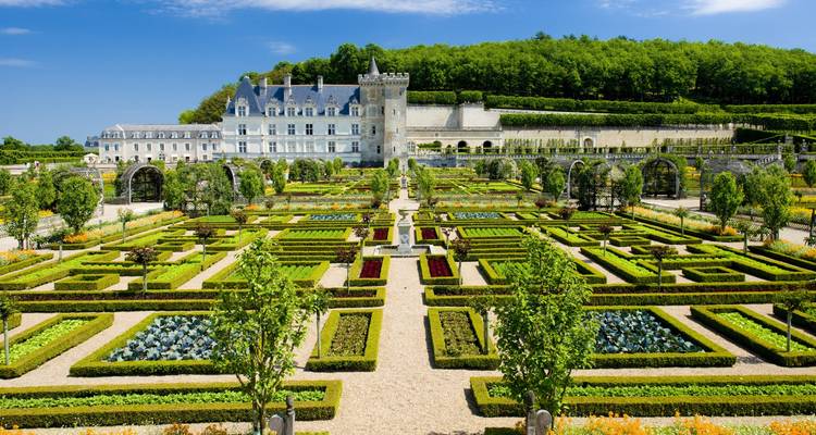 Jardines formales con un castillo en el fondo.