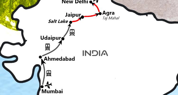 Carte d'un itinéraire de voyage en Inde montrant diverses villes.