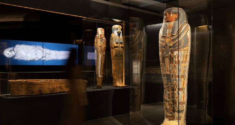 Exposition de musée présentant des sarcophages égyptiens colorés et des artefacts dans des vitrines.