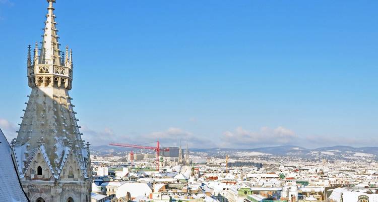 Flèche enneigée de la cathédrale Saint-Étienne s'élevant au-dessus du paysage urbain hivernal de Vienne aux toits blancs avec les montagnes à l'horizon.