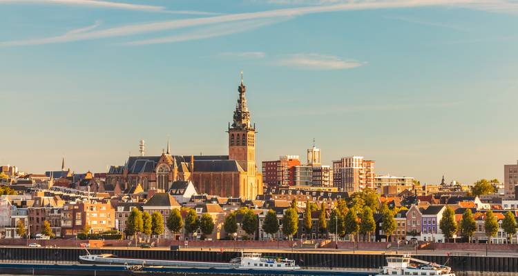 Skyline of Nijmegen, Netherlands with historic and modern buildings.