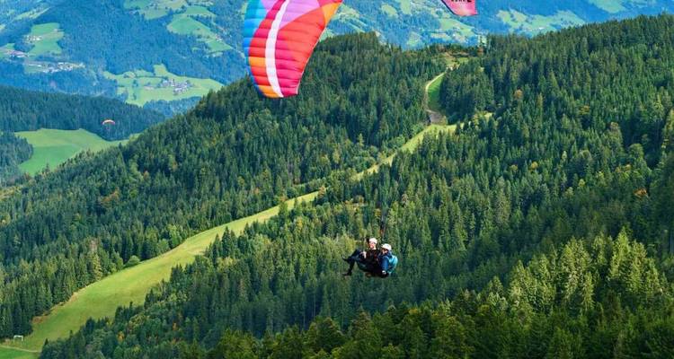 Tandems-Gleitschirmflieger schweben über üppige Alpenwälder und sanft geschwungene grüne Täler.
